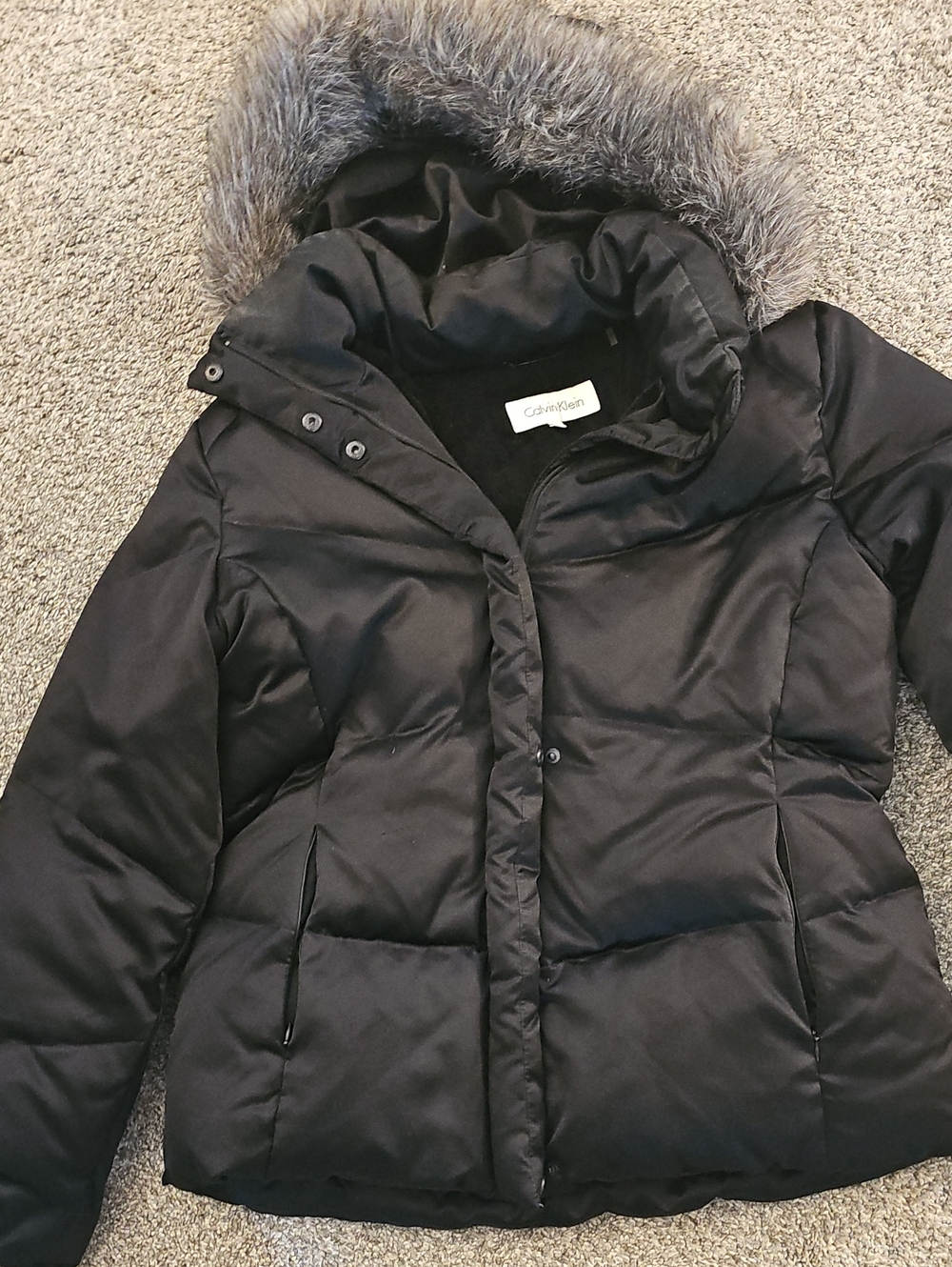 Calvin Klein Warm Black Puffer Coat with Faux Fur Trim Hood